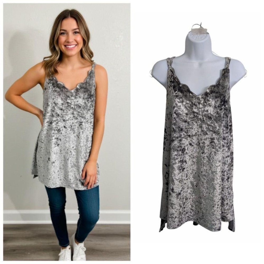 Umgee Silver Crushed Velvet Camisole Double Strap Crisscross Back Top Small